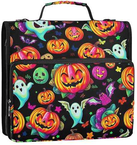 Halloween Pumpkin Ghosts Black 1 1/2 Inch 3 Ring Binders D Ring Binder Zipper Organizer Binders with Strap Middle School Bag Portfolio Hold 500 Sheets Holder