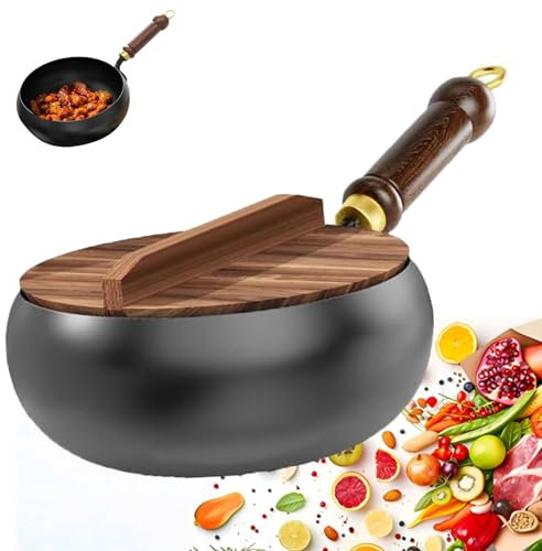 Japanese Iron Pan, Non Stick Uncoated IronPans for Cooking, Hand ForgedIron PanWith Heat Retention Function, Wrought IronFrying Pan, Iron Pans (Wooden Lid, 24 cm)