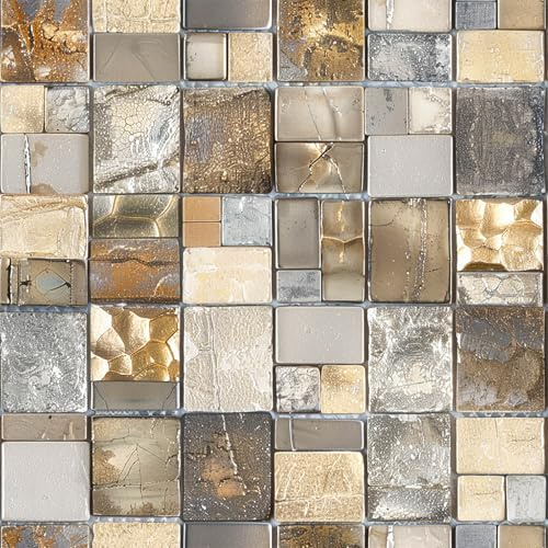HOMETITUTE 20Pcs Grey Gold Mosaic Tile Stickers Peel and Stick Decorative Tiles 4x4 Inch Waterproof Wall Decals Sticker Tiles for Bathroom Kitchen Backsplash Stair Riser Removable Wallpaper(not 3D)