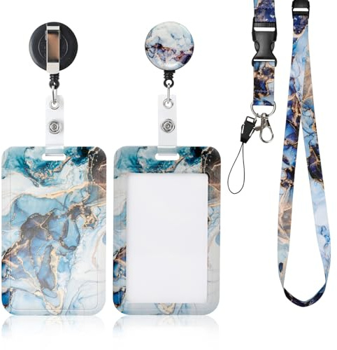AiQInu Ausweishülle mit Band, Marmor-Muster Kartenhalter mit Schlüsselband, mit Einziehbaren Badge Reel Karabiner Clip & Abnehmbare Lanyard Strap, für Frauen, Lehrer, Krankenschwester, Doktor, Student