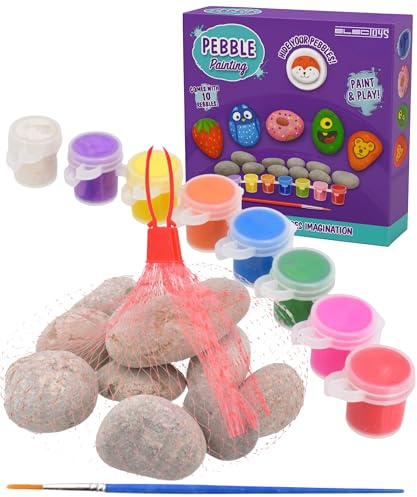 Electoys Pebble Painting Craft Kit for Kids Arts and Crafts Activity Creative Stone Painting Set with Paint Pots and Brush for Children Includes 10 Natural Smooth Pebbles in Red Mesh Bag
