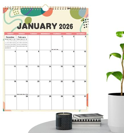 Calendrier 2026 - Calendrier mural mensuel pour 12 mois - Agenda quotidien - Pour l'école, la maison, la, la salle de classe, les enseignants, les adultes, les femmes, les hommes, le travail