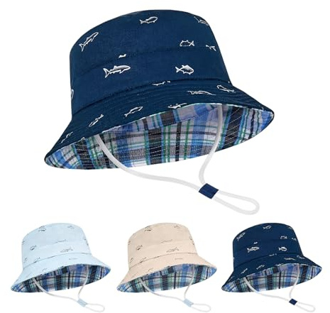 Durio Toddler Sun Hat - UPF 50+ Infant Newborn Summer Bucket Hats for Boy Girl, Wide Brim Baby Sun Hat for Beach Outdoor Play, Navy Fish 12-24 Months