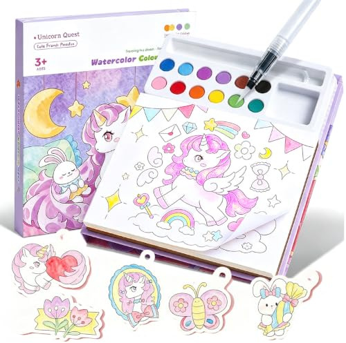 Livre de Coloriage avec Aquarelle pour Enfants Kit de Peinture Aquarelle à l'Eau 3 en 1 pour Tout-Petits de 3 à 8 Ans Jouet Éducatif Cadeau d'Anniversaire pour Enfants Cadeau Fille (Thème Licorne)