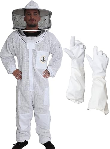 Forest Beekeeping Supply 3-Layer Ventilated Bee Suit, Beekeeper Suit Kit with Detachable Round Veil and Bee Gloves (2XL)