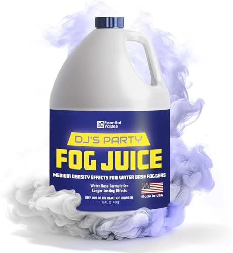 ESSENTIAL VALUES Fog Machine Fluid (128 FL OZ / 1 Gal) Fog Juice Long-Lasting Medium Density Liquid for Water Based Foggers, Perfect for 400 Watt to 1500 Machines, Outdoor or Indoor, Made in USA