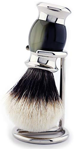 Silver Tip Badger Hair Shaving Brush Horn Replica Handle & Brush Stand