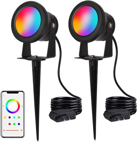 Richsing LED Strahler Außen, 2 Stücke 15W RGB Strahler, IP67 Wasserdicht LED Spot, Gartenleuchten mit Strom und Erdspieß, APP Steuerung Farbwechsel Gartenbeleuchtung, 90-245V LED Fluter