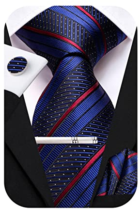 Hi-Tie Cravate en soie unie pour homme, motif Paisley à rayures, carré de poche, boutons de manchette, pince et ensemble de cravate, M