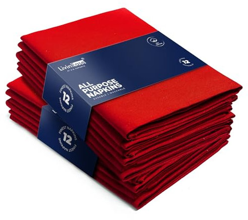 LivinEase Cotton Cloth Napkins Set of 12-100% Cotton 46 x 46 cm Reusable Christmas Red Dinner Napkins - Heavy Weight Hotel Quality Pure Fabric - Ideal for Xmas Dinner & Events (Red)