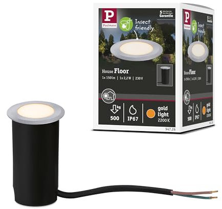 Paulmann 94726 LED Außenleuchte Bodeneinbauleuchte Goldlicht insektenfreundlich IP67 rund 50mm 2200K 2,2W 60lm 230V Alu Kunststoff, Metall