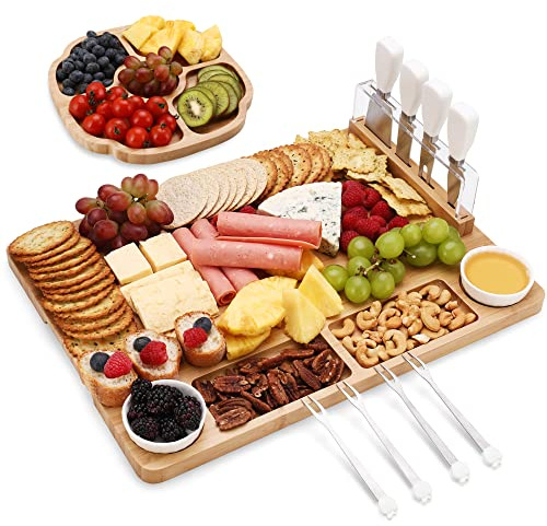 hecef Large Charcuterie Board Set of 13, A Bamboo Cheese Board and Snack Tray, 2 Ceramic Bowls, 4 Server Forks, 4 Knives Set, Appetizer Platter for Birthdays, Weddings, Housewarming, Feast