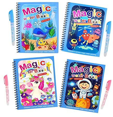 GEFIRE 4 Stück Wassermalbuch, Magie Wasser Zeichnung Buch, Wiederverwendbar Wasser Malbuch mit Malbuch Wasserstift, Lernspielzeug Geschenk für Jungen Mädchen Alter 3 4 5 6 7 8