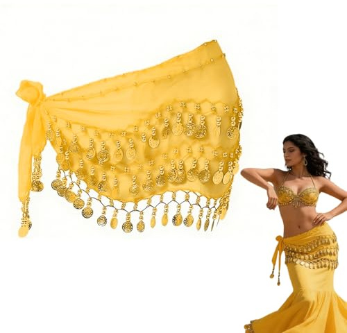 Magdans höftduk bälte dam med 90 mynt mage dans kostym bälte kjol belly dans danshandduk orientalisk dans tillbehör för föreställningar fester, chiffong, 140 cm lång, 1 st, GUL, one size