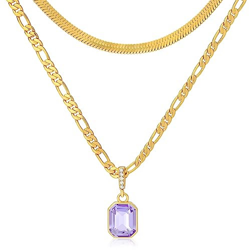 Mesovor 18K Gold Layered Crystal Necklace, 3mm Figaro Chain Necklaces | Dainty 4mm Snake Chain Choker Necklace for Women Girls Jewelry Gifts (Lavender Purple)