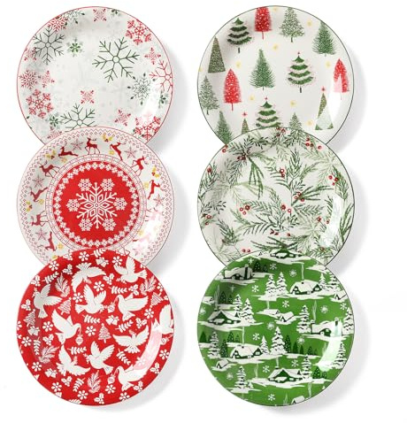 Metahom Christmas Salad Plates, 8 Inch Ceramic Dessert Plates, Set of 6