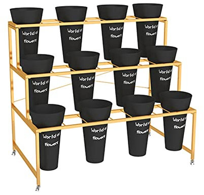 NOALED Blumenladen-Ausstellungsstände – bewegliches Blumeneimerregal, Floristenregal, 3-stufiger Leiter-Pflanzenständer mit 12 Blumeneimern und 4 Rollen, für drinnen und draußen (Farbe: A) (A)