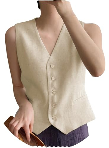 AeoTeokey Gilet da donna in lino, gilet da completo con scollo a V monopetto, gilet elegante, outfit business, top, champagne, XL