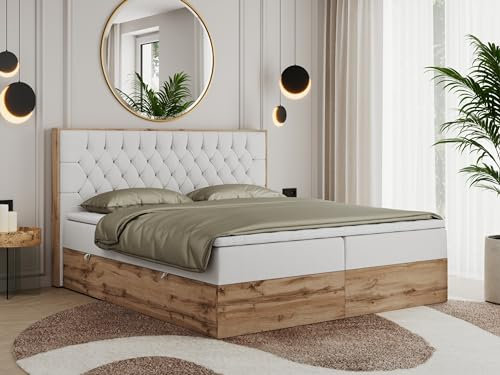 MKS MEBLE Boxspringbett 140x200 mit Bettkasten Eiche, Polsterbett 140x200 mit Matratze H3, Bett 140x200 mit Kopfteil, Bett mit Holzrahmen in Wotan Eiche - Weiß Kunstleder - Amore