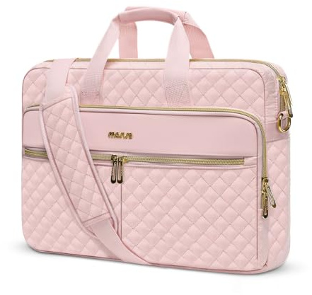 MOSISO Laptopväska, laptopväska, axelväska, dam, portfölj, handväska, kvadratisk quiltad laptopväska, axelväska, kontor, resor, affärer med 3 fickor och remmar