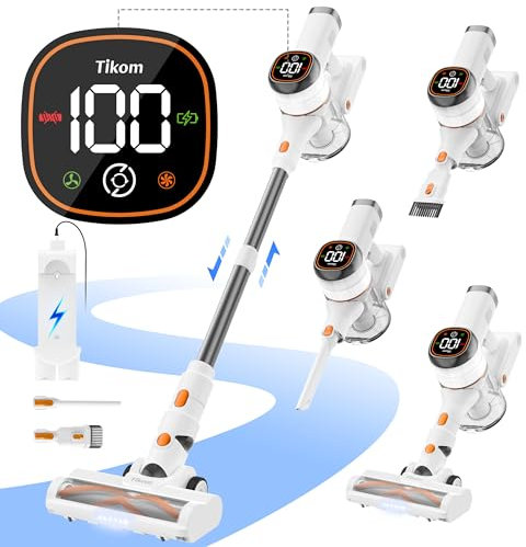 Tikom V500 Aspiradora sin Cable, 40Kpa/450W Aspiradora Escoba con Pantalla LED, Aspirador de Mano con Cargador de Pared, Aspirador Ligera Antienredo Adecuado para Suelo Duro/Alfombra/Pelo de Mascota
