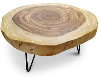 Suar Holz Couchtisch LAEM PHO II - 45cm hoher Wohnzimmertisch - in 2 Größen ca 60-85 cm Baumscheibe als Tischplatte aus massiver Akazie in rustikaler Optik (Ø 70-85 cm)