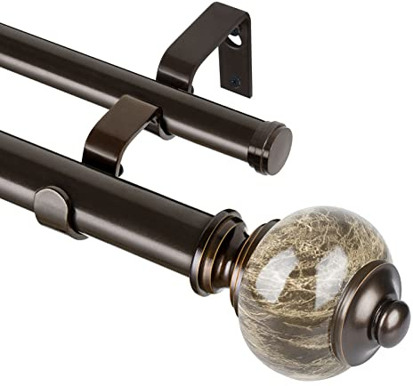 KAMANINA Tringle à rideaux double télescopique de 2,5 cm de 1,7 à 304 cm – Bronze pour fenêtres de 137 à 292 cm – Double tringles à rideaux robustes avec embouts marbrés