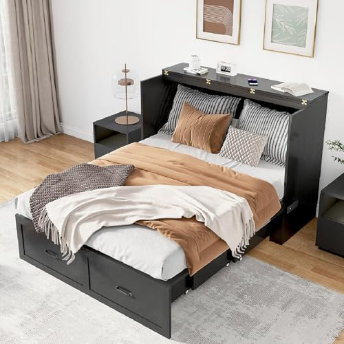 Hlivelood Full Size Murphy Chest Bed with Drawer and Charging Station, Farmhouse Wood Space-Saving Hidden Folding Bed Chest, Multifunctional Storage Cabinet Beds for Bedroom, Office, Black