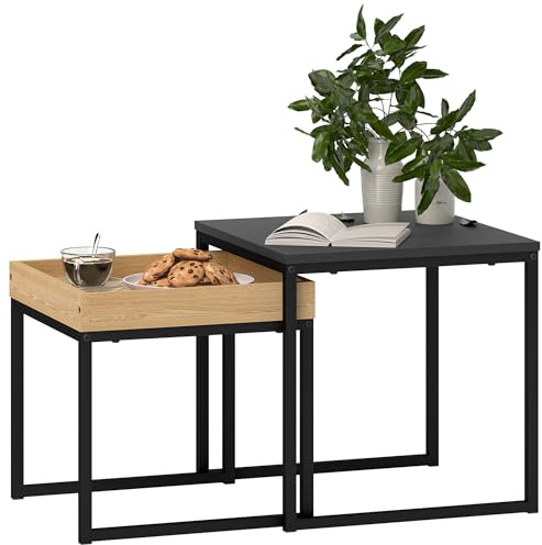 HOMCOM Nesting Coffee Table Set of 2, Modern Nest of Tables, Square Sofa Side Tables with Steel Frame for Living Room, Bedroom, Small Space, Black