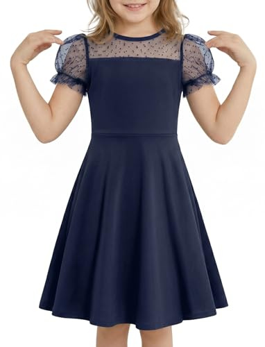 JiAmy Vestito Bambine Estate con Maniche a Palloncino, Abito Principessa con Inserti in Tulle Elegante, Abbigliamento per Ragazze 5-14 Anni
