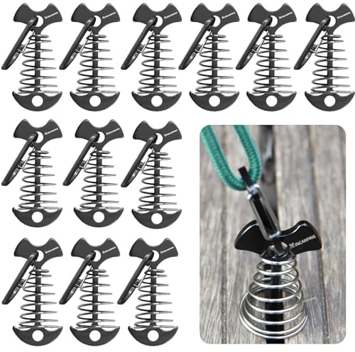 Deck Anchors with Carabiners XINCAMPING 12pcs Aluminum Deck Tie Down Anchor, Fishbone Stake Tent Stakes,Windproof Rope Tighteners & Adjusters for Tents, Canopies, Camping Furniture Black