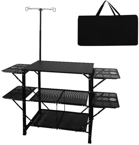 Warmiehomy Folding Camping Table Kitchen Station, Folding Outdoor Cooking Table with Telescoping Lanter Pole 2 Shelves 4 Iron Sides for Patio BBQ Picnic,128x44x80cm