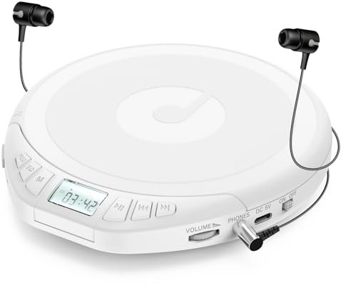 Gueray CD Player Tragbar Kinder Tragbarer CD-Player fürs Auto Discman mit Kopfhörer LCD-Display Unterstützung ASP PROG Speicherfunktion Repeat-Funktion Sound-Effekt Weiß