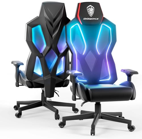 Dowinx LED Gaming Stuhl mit 4D-Armlehnen, RGB Ergonomischer Gamer Stuhl PU Leder, Video Gaming Sessel mit Verstellbarer Lendenwirbelstütze, Computerstuhl für Erwachsene, HellRot