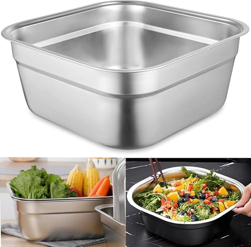 TOMIUS Washing Up Bowl 304 Stainless Steel 10 Litre Washing Basin Dishtub Fruit Vegetable Mixing Bowl Free Sturdy Dishpans Sink Large Square Containers for Kitchen Home 33x33x13cm