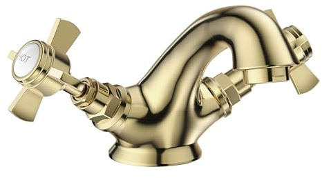 VeeBath Ripple - Rubinetto miscelatore tradizionale per lavabo, stile vittoriano, finitura in ottone spazzolato, doppia leva, rubinetti da bagno da incasso, ingresso G1/2 con scarico pop-up