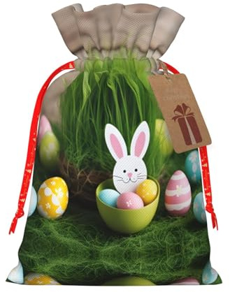 Easter Egg Bunny Grass Wooden Print Drawstring Pouch For Gifts,Reusable Adorable Gift Bags,Perfect For Jewelry And More