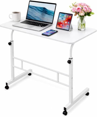 Zanbeel Height Adjustable Rolling Laptop Desk, Portable Mobile Workstation with Wheels, Gray Top, White Frame, Overbed Table for Sofa, Bed, Home Office (White)