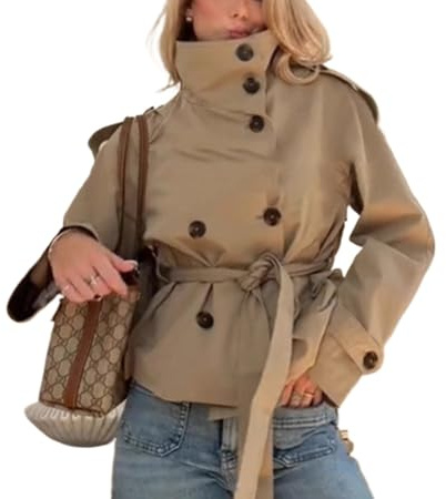 Genérico Mujer Primavera Y Otoño Retro Elegante Clásico Cuello Alto Doble Botonadura Gabardina Corta Moda Negocios Casual Oficina Abrigo Con Cinturón (Caqui,S)