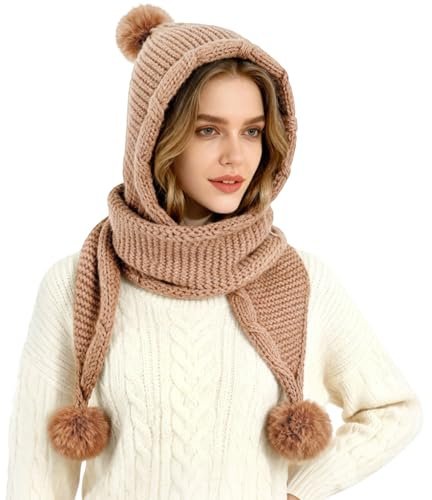 TAGVO Bonnet Écharpe à Capuche Tricoté 3-en-1 avec Pompon Fourrure Synthétique, Doublure Polaire Chaude, Écharpe et Cache-Oreilles, Hiver pour Femme