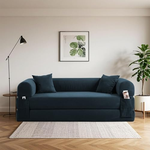 BMMB Sofá de suelo con función de sueño, 203 cm, 3 plazas, plegable, sofá cama con 2 almohadas, moderno sofá cama para salón dormitorio (azul marino, 8025)