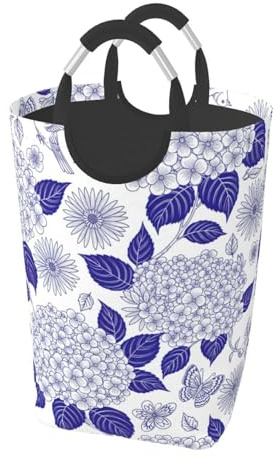 Large Laundry Basket - Blue White Porcelain Hydrangeas Freestanding Collapsible Tall Dirty Clothes Hamper Bag with Padded Aluminum Handles, Waterproof Foldable Washing Bin 50L for Family, Dorm