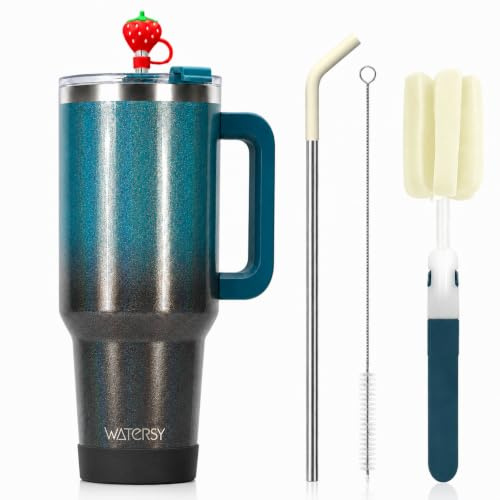 LeuKoles Watersy-termosmugg på 40 oz med handtag och sugrör, dubbelväggig rostfritt stål kaffemugg to Go (34 timmar kallhållande), vakuummugg för te, kalla drycker och kaffe (svart och blå)