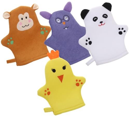BELLIFFY Moufles de Bain pour Garçon et Filles Motifs Ludiques 4 Pièces en Polyester Doux pour Gommage Corporel Moussant et Nettoyage Profond du Corps