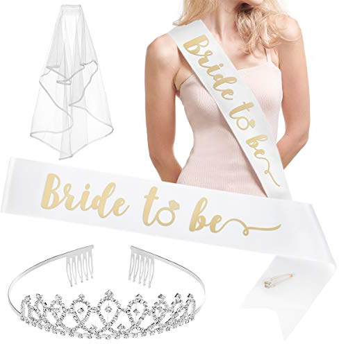 xo, Fetti Bachelorette Party Gift Kit – 4pc Bride to Be | Sash For Bride, Rhinestone Tiara, Veil + Bride Tribe Tattoos