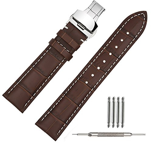 TStrap Orologi Cinturini Pelle 20mm - Cinturino in Pelle di Vitello Nero per Uomo Donna Retro vintage - Cinturino di Ricambio con Fibbia Pieghevole in Acciaio Inossidabile - 18mm 19mm 21mm 22mm