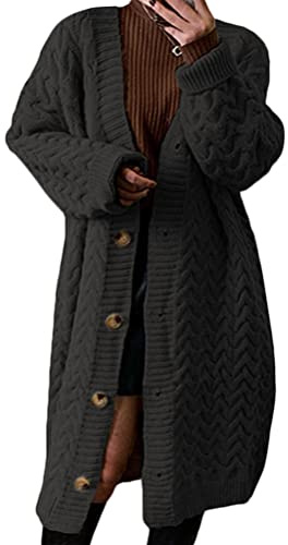 Tomwell Gilets Femme Cardigan Long en Tricoté Veste Veste en Tricot Chaud Hiver Pull Ouvert Manteau Chaud Épais Blouson Gilet Grosse Maille Z1 Noir XXL