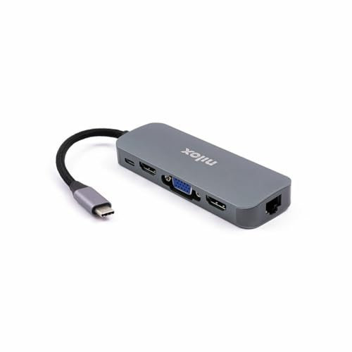 Nilox NXDSUSBC03 Docking Station 8-in-1, con 2 porte HDMI, 1 VGA, 2 USB 3.0, 1 USB 3.0, 1 RJ45 Gigabit Ethernet LAN, 10/100/1000Mbit, 1 USB-C Power Delivery (fino a 87W), Grigio