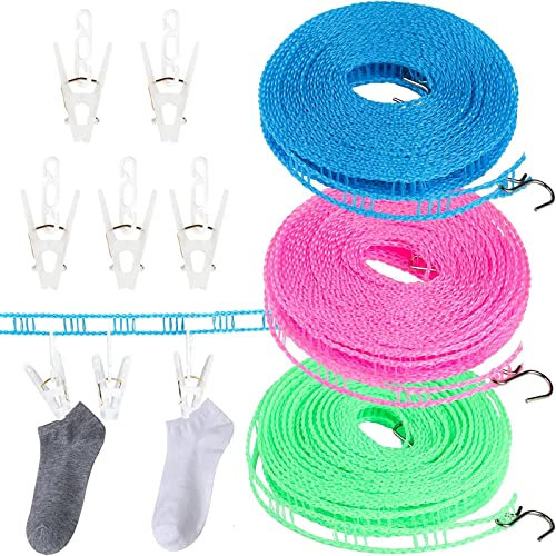 Jogoico 3 Pezzi Filo Per Stendere Il Bucato Portatili, 8M Filo Stendibiancheria Antivento Nylon Washing Linea di Lavaggio Vestiti Corda con 5 Clips per Campeggio, Cantiere, Viaggio, Esterno, Casa
