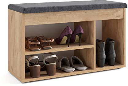 Komto Banc à Chaussures avec Coussin Rembourré – Meuble de Rangement Compact Chêne Miel 80 x 48 x 32 cm pour Entrée, Couloir ou Chambre, Banc Coffre à Chaussures